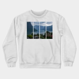 Wonderful landscapes in Norway. Vestland. Beautiful scenery of Romsdal Fjord from the Torvikeidet village. Nice flower composition in foreground. Snowed mountains Summer cloudy day Crewneck Sweatshirt